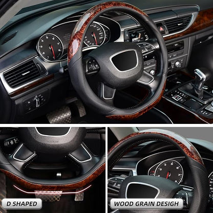 KAFEEK D Shaped Steering Wheel Cover, Luxury Wood Grain with Sporty Perforated Leather, Flat Bottom Steering Wheel Protector, Universal 14.5-15 Inch, Anti-Slip Comfort Grip, Black