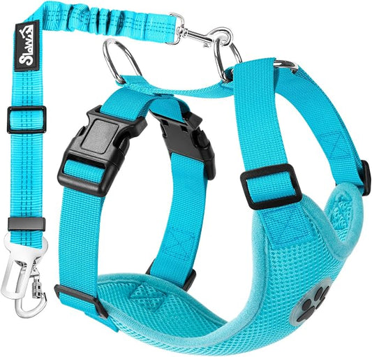 Lukovee Dog Car Harness Seat Belt, Adjustable Mesh Breathable Vest with Elastic Bungee Tether, Soft Padded 2-in-1 Safety Car Harness Seatbelt for Small Medium Large Dogs (Light Blue,M)