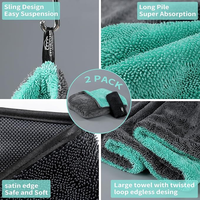 Crystal Clean 1300GSM Microfiber Towels for Cars – XL Drying Towel with Double Twisted Loop, Professional Detailing Towel Car Detailers - Quick Dry, Paint Safe & Swirl-Free (Grey+Green)