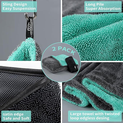 Crystal Clean 1300GSM Microfiber Towels for Cars – XL Drying Towel with Double Twisted Loop, Professional Detailing Towel Car Detailers - Quick Dry, Paint Safe & Swirl-Free (Grey+Green)