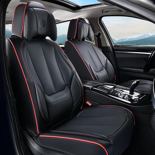 Coverado Universal Seat Covers Front, 2-Pack Universal Seat Covers for Cars, Waterproof Nappa Leather Car Seat Covers with Head Pillow, Auto Protectors Fit for Most Sedans Pick-up Truck-Black&Redline