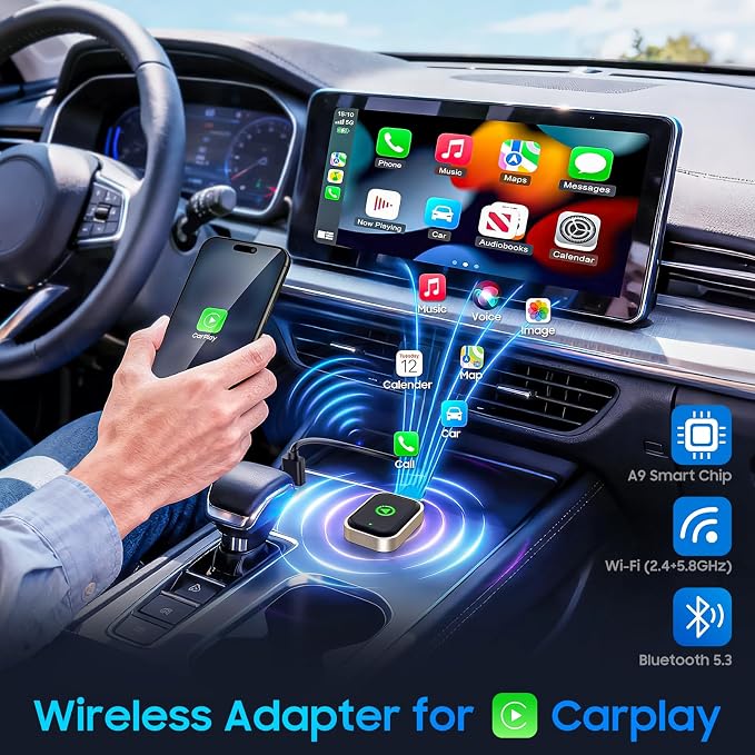 Wireless Carplay Adapter for iPhone, Converts Wired CarPlay to Bluetooth Wireless, Mini Car Play Screen Dongle with USB A/C for Cars 2018+ with Built-in Wired Carplay, Auto-Connect, No Delay
