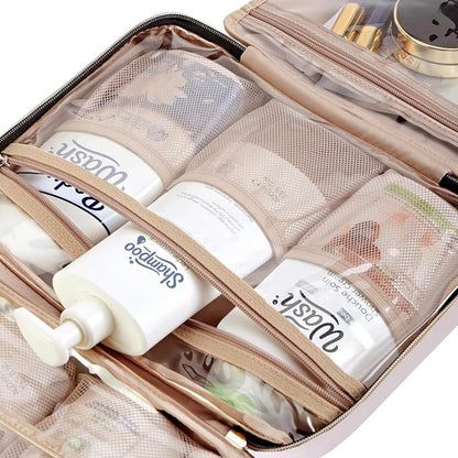 NISHEL Travel Toiletry Bag for women, Portable Hanging Organizer for Full-Sized Shampoo, Conditioner, Brushes Set, Makeup Accessories, Large Size, Pink
