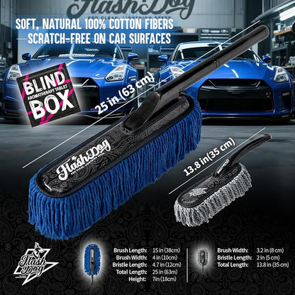 Flash Dog Car Duster Exterior & Interior Set – No Dust Scattering Auto Duster Brush with Wood Handle & Mini Brush, Wax-Treated Cotton Head, Scratch-Free Dust Remover for Car, Truck, SUV