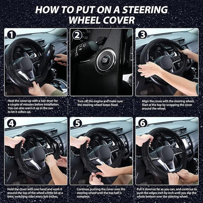 SEG Direct Diamond Flat Bottom Steering Wheel Cover, D Shaped Car Wheel Cover 14 1/2-15 in. (37-39 cm), Bling Sparkly Rhinestones, Black with Black Diamond