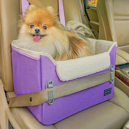 PETSFIT Small Dog Car Seat – Patented Safety Buckles – Safety Tether – Foldable Travel Dog Booster Car Seat Reduces Anxiety & Road Trips – Stable Frame, Soft Cushion, Fits Front/Back Seat (Purple)