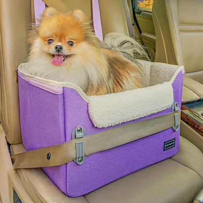 PETSFIT Small Dog Car Seat – Patented Safety Buckles – Safety Tether – Foldable Travel Dog Booster Car Seat Reduces Anxiety & Road Trips – Stable Frame, Soft Cushion, Fits Front/Back Seat (Purple)