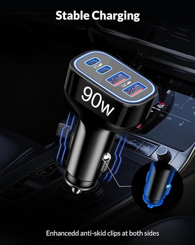 90W Fast Car Charger USB C, 2 Pack 4-Port Cigarette Lighter USB Charger Super Fast Charging, Multiport Car Phone Charger Accessories for iPhone 17/16/15/14/13/12 Pro Max, iPad, Galaxy, Tablet, Android