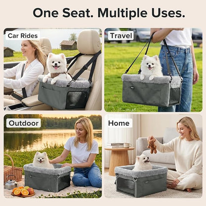 JOEJOY Deluxe Dog Booster Seat with Sturdy Metal Frame and Safety Leash for Small Pets up to 20 lbs - Portable Puppy Dog Car Seat with Thick Cushion and Storage Pockets for Small Dogs
