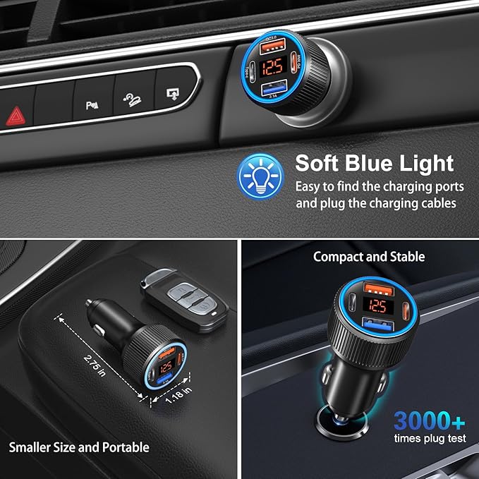 USB C Car Charger, Costyle 65W Dual USB-C & USB-A Multi Port Cigarette Lighter Adapter with Voltmeter QC/PD 3.0 Fast Charging 12V Car Phone Charger for iPhone 17 16 15 14 13 12 Pro Max Samsung(Black)