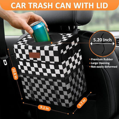 Vankor Car Trash Can Bin with Lid Hanging for Back Seat, Car Accessories for Women Men Leak Proof Automotive Garbage Cans Leakproof Vehicle Trash Can for Truck SUV,Black White Checkered