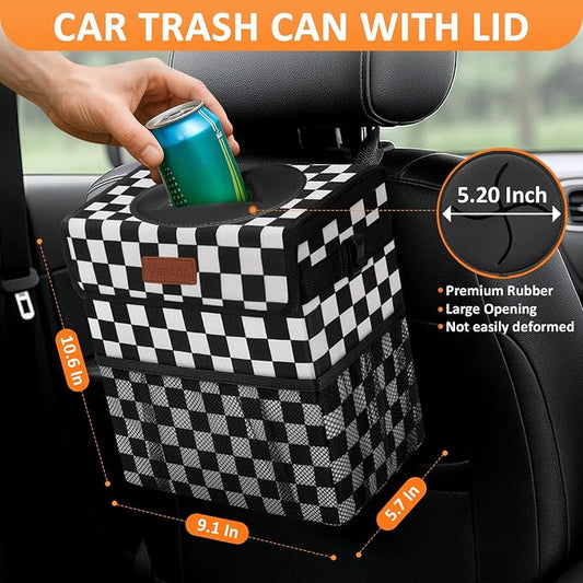 Vankor Car Trash Can Bin with Lid Hanging for Back Seat, Car Accessories for Women Men Leak Proof Automotive Garbage Cans Leakproof Vehicle Trash Can for Truck SUV,Black White Checkered