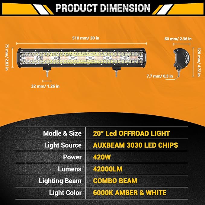Auxbeam 20 Inch LED Light Bar 420W 6 Modes Amber White Strobe Light, Off-Road Driving Light Spot Flood Combo Work Light with 16AWG 10FT Wiring Harness Kit - 1 Lead for Jeep Wrangler Boat Truck SUV ATV