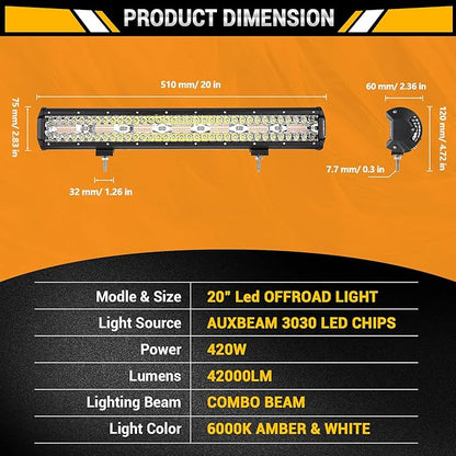Auxbeam 20 Inch LED Light Bar 420W 6 Modes Amber White Strobe Light, Off-Road Driving Light Spot Flood Combo Work Light with 16AWG 10FT Wiring Harness Kit - 1 Lead for Jeep Wrangler Boat Truck SUV ATV