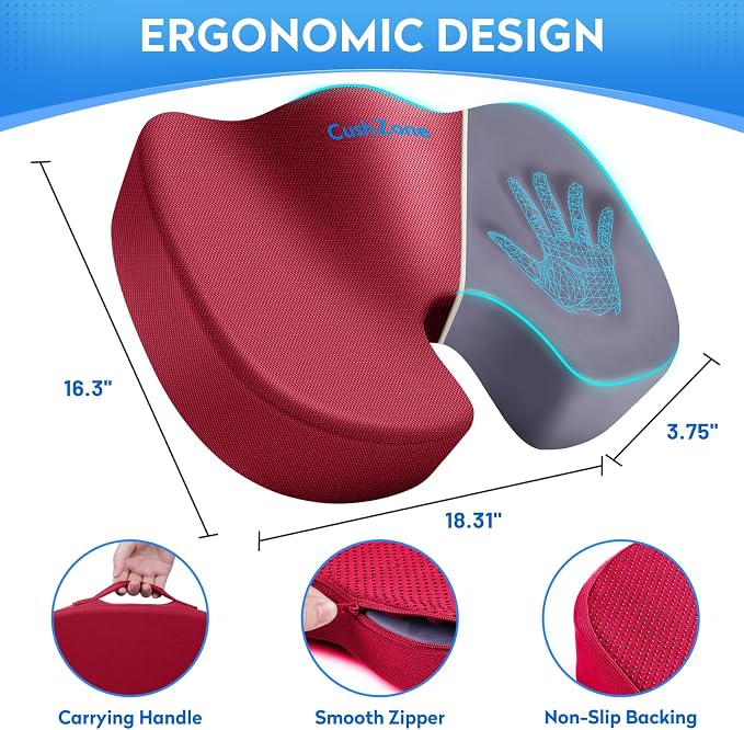 CushZone Seat Cushion, Office Chair Cushions, Car Seat Cushion, Non-Slip Sciatica & Back Coccyx Tailbone Pain Relief Chair Pad, Memory Foam (Large,Red)