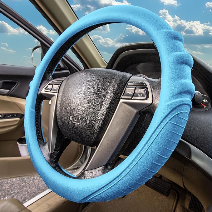 FH Group Universal Fit Silicone with Grip and Pattern Massaging Grip Steering Wheel Cover fits most Cars, SUVs, Trucks, and Vans Light Blue
