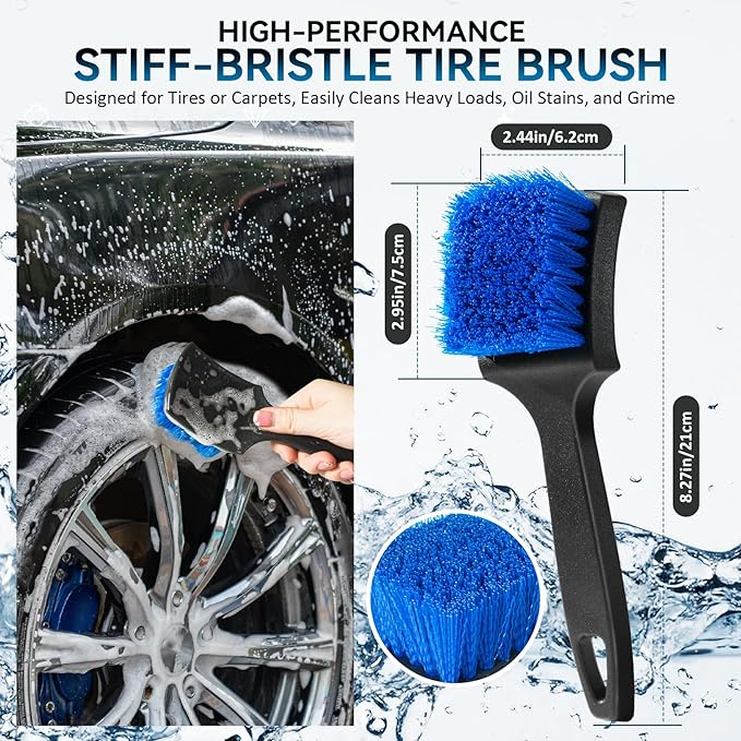Tire Brushes for Cleaning Tires, Car Wheel Brushes for Cleaning Wheels, Rim Cleaner Brush for Car Detailing, Premium Wheel Cleaner Brush Kit Safe for Cars, Trucks, SUVs, RVs, Motorcycles