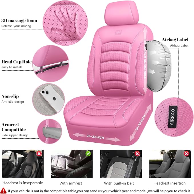 CAR PASS 3D Foam PU Leather Car Seat Covers, Universal Seat Covers Full Sets for Trucks SUV Sedan Automotive Seat Covers Armrest Airbag Compatible Waterproof Comfortable Faux Nappa Leather All Pink