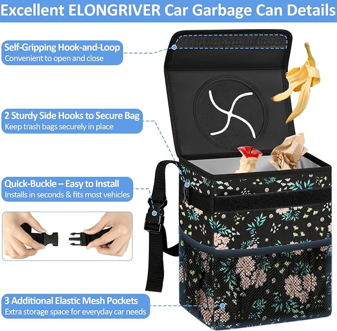 ELONGRIVER Car Trash Can Bin for Back Seat Leak Proof, Cute Car Trash Bag Hanging, Vehicle Trash Can for SUV Truck Van, Automotive Garbage Cans Front Seat Colorful Floral, 2 Gallons