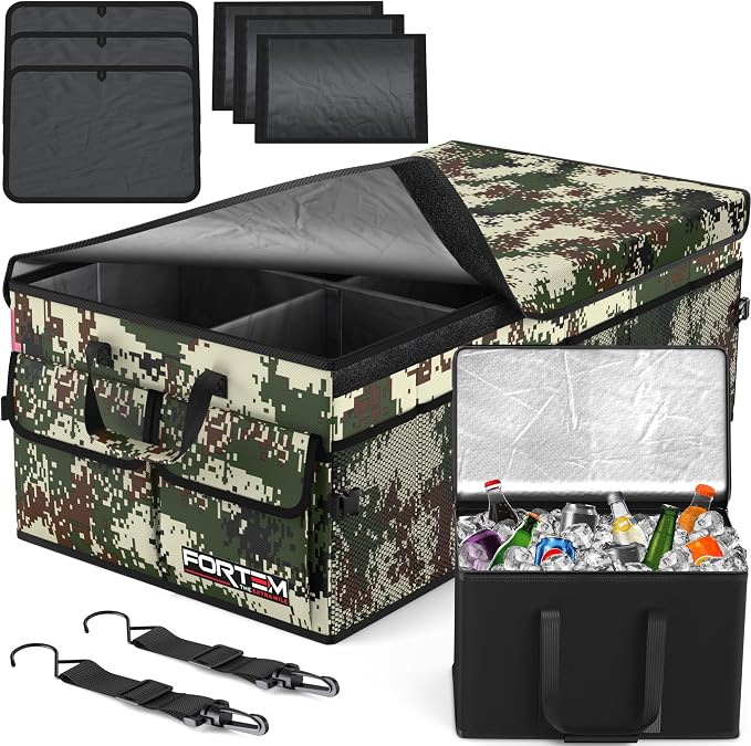 FORTEM Trunk Organizer with Cooler For SUV Car Trunk, Foldable Storage, Car Accessories for Women Men, Collapsible Bag, 600D Oxford, Non Slip Bottom, Straps, Soft Cover (105L)