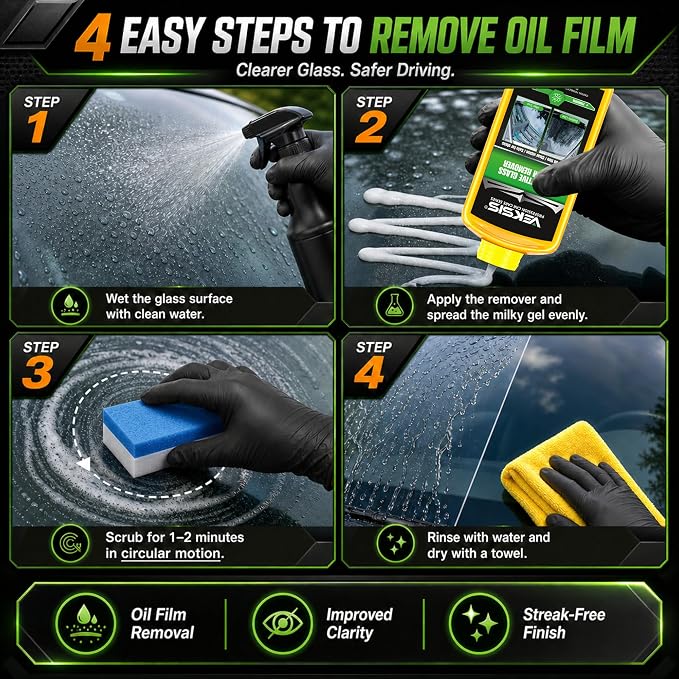 Automotive Glass Oil Film Remover – 120ml Car Windshield Oil Film Cleaner, Streak-Free Glass Polish for Cars Trucks SUVs, Removes Oil, Grease, Water Spots, Improves Visibility