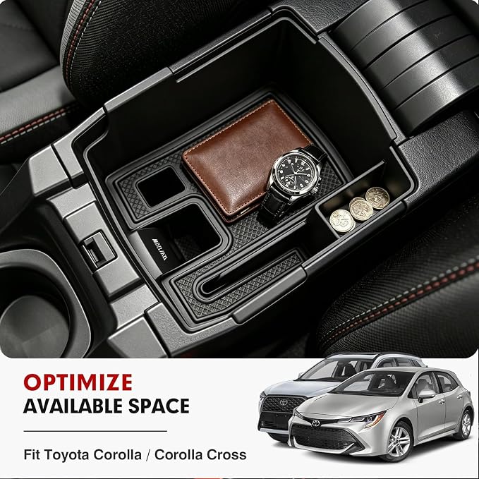 Autorder Center Console Organizer for 2019-2026 Toyota Corolla/ 2022-2026 Corolla Cross Accessories Car Armrest Storage Box Middle Console Tray Container with Non-Slip Silicone Mats