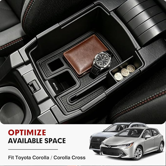 Autorder Center Console Organizer for 2019-2026 Toyota Corolla/ 2022-2026 Corolla Cross Accessories Car Armrest Storage Box Middle Console Tray Container with Non-Slip Silicone Mats