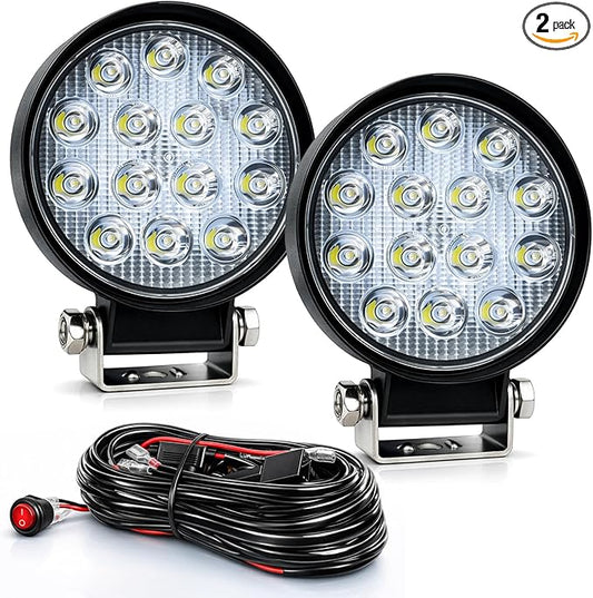 ZMOON Round LED Off Road Lights Kit, 2PCS 4.5" 84W LED Flood Light Bar with 10FT Wiring Harness (2-Lead), Driving Fog Lights for Truck ATV UTV SUV Boat