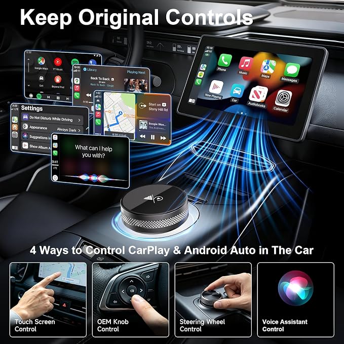 2-in-1 Wireless CarPlay & Android Auto Adapter, CarPlay Dongle Convert Wired to Wireless, Bluetooth & Wi-Fi, Plug & Play, Zero Latency, Compatible with USB/USB-C (Black)