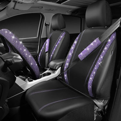 CAR PASS Bling Diamond Leather Car Seat Covers 11 PCS, Sparkly Rhinestone Steering Wheel Cover Glitter Cute Interior Car Accessories Sets Seat Belt Cushion Cup Holder Coaster Women Girl, Violet Purple