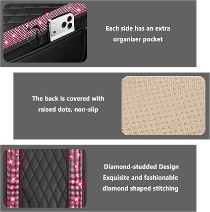 Stacool Upgraded Car Center Console Cover with Rhinestones,Microfiber Leather Car Armrest Cover Cushion with 2 Storage Bags,Universal Cars Armrest Storage Box as Cars Interior Accessories