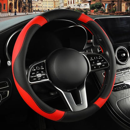Microfibre Leather Auto Car Steering Wheel Cover,Anti Slip 15 Inch,Black and Red