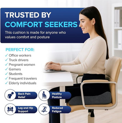 Memory Foam Seat Cushion for Chair, Tailbone Pain Relief, Ergonomic Support for Coccyx, Back & Butt, Office & Car Ergonomic Chair Cushion with Non-Slip Base and Washable Cover, Dark Gray