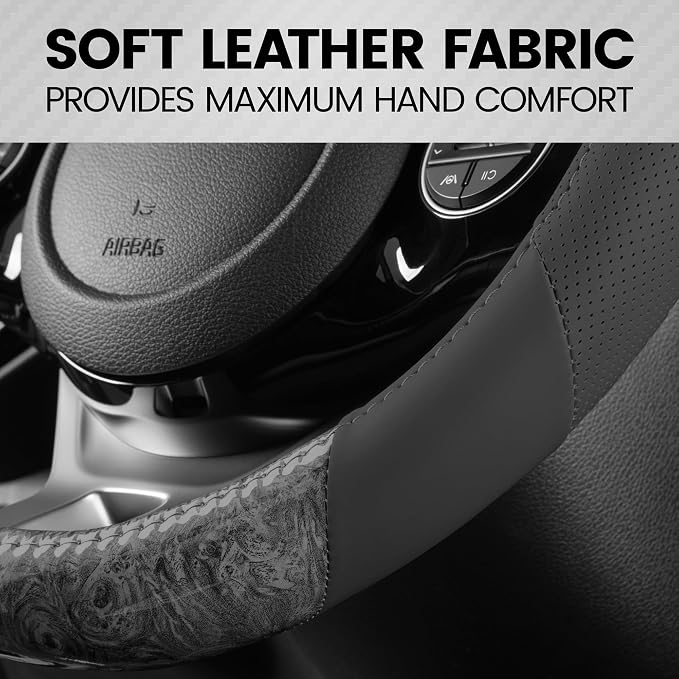 BDK BurlwoodLux Wood Grain and PU Leather Gray Steering Wheel Cover - Sport Grip for Car Auto SUV Trucks