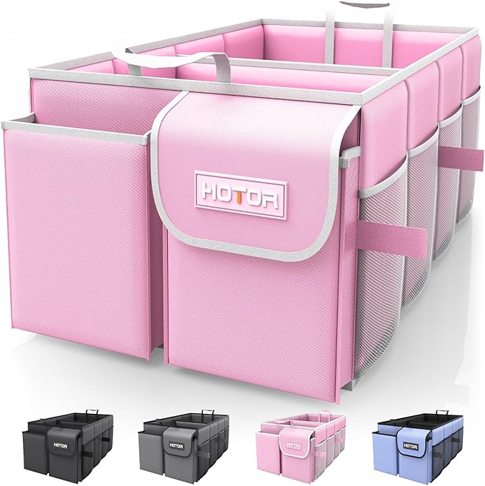 HOTOR Trunk Organizer for Car - Car Organizer, Foldable Trunk organizer for SUVs & Sedans, Sturdy Organization for Car Accessories, Tools, Sundries, Pink, 2 Compartments, 23.6"×14.2"×10.6"