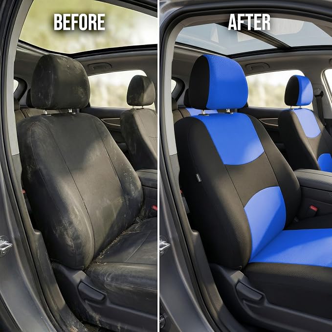 FH Group Automotive Seat Covers Flat Cloth Full Set Blue Combo Small Car Seat Cover Design, Rear Solid Bench Universal Fit and Car Seat Protector for Vans Cars Trucks and SUV Interior Accessories