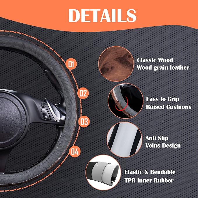 CAR PASS Wood Grain Microfiber Leather Steering Wheel Cover, Universal Fit for 14 1/2-15 inch Gray Steering Wheel, Anti-Slip Veins Design,Cars, Suvs,Minivans, Sedans (Gray)