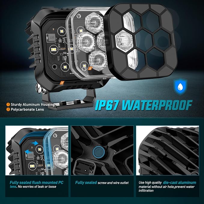 Nilight LED Pod Light 2 PCS 3.8 Inch 45 W 9 LED Square Hyper Flood Beam Offroad Driving Lights w/16 AWG Rocker Switch Wiring Harness Kit for Truck Motorbike Boat ATV UTV