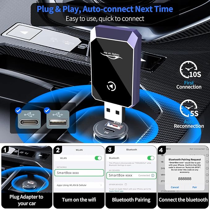 Wireless CarPlay Adapter for iPhone, Convert Wired to Wireless CarPlay, Mini CarPlay Wireless Adapter for iPhone 6+ and Cars from 2016, Plug and Play, Supports Voice Commands Via Siri