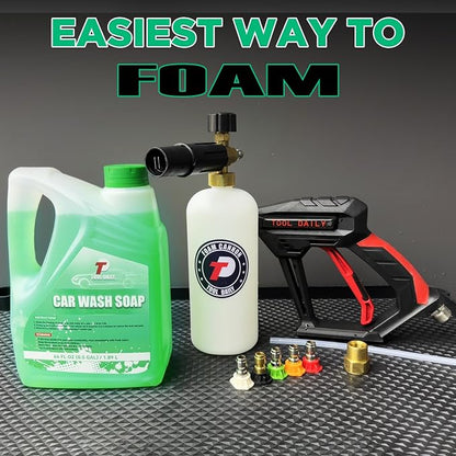 Tool Daily Short Pressure Washer Gun with Foam Cannon, Car Wash Soap 64 Oz, 5 Power Washer Nozzle Tips, 1/4 Inch Quick Connect