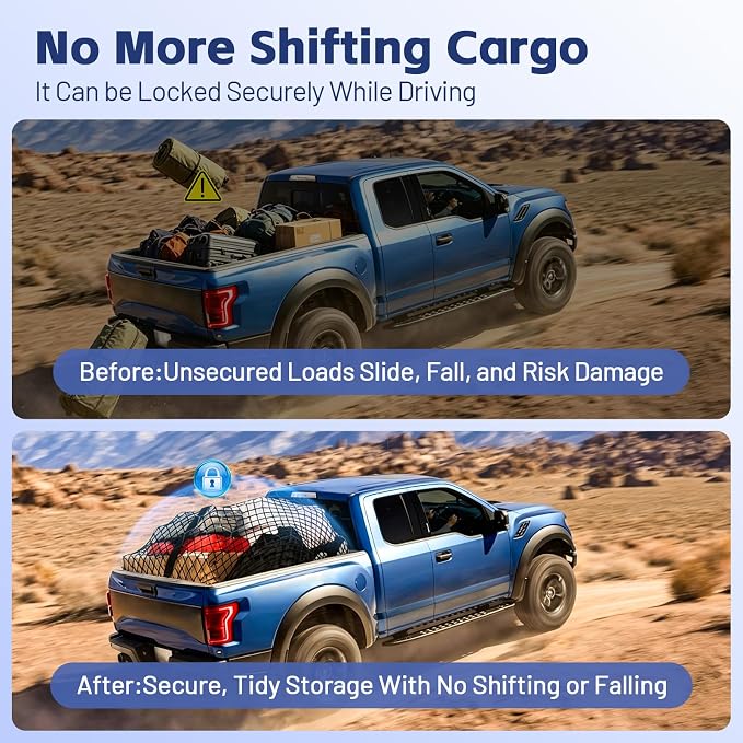 Cargo Net for Ford F-Series 2015-2026, Nissan Titan 2016-2024 | Heavy Duty Truck Bed Organizer, Highly Elastic Tailgate Net with Carabiners, Weatherproof Mesh Cover with Attached Zipper Bag
