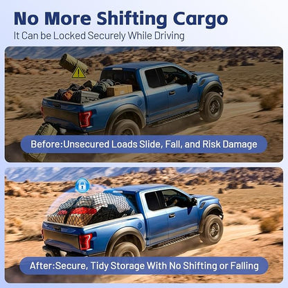 Cargo Net for Ford F-Series 2015-2026, Nissan Titan 2016-2024 | Heavy Duty Truck Bed Organizer, Highly Elastic Tailgate Net with Carabiners, Weatherproof Mesh Cover with Attached Zipper Bag