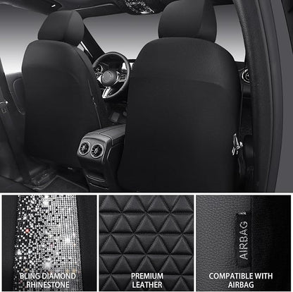 CAR PASS Bling Diamond Leather Car Seat Covers Full Seats Interior Sets, Waterproof Shining Glitter Sparkly Crystal Universal Armrest Fit Automotive Truck SUV Cute Women Girl, Black Silver Rhinestone