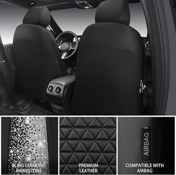 CAR PASS Bling Diamond Leather Car Seat Covers for 2 Front Interior Sets, Waterproof Shining Glitter Sparkly Crystal Universal Armrest Fit Automotive Truck SUV Cute Women Girl, Black Silver Rhinestone