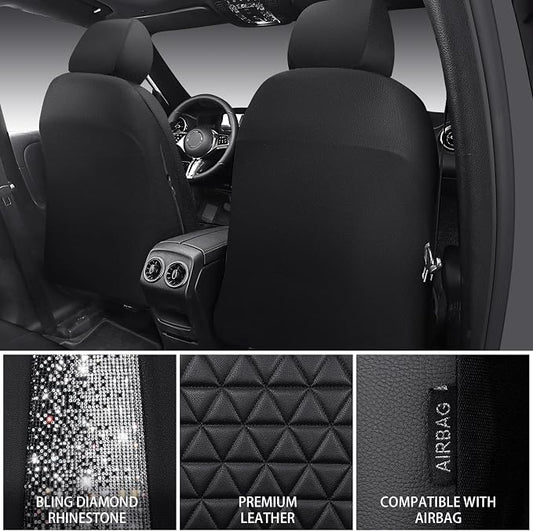 CAR PASS Bling Diamond Leather Car Seat Covers for 2 Front Interior Sets, Waterproof Shining Glitter Sparkly Crystal Universal Armrest Fit Automotive Truck SUV Cute Women Girl, Black Silver Rhinestone
