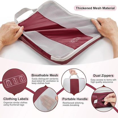 OlarHike 10-Pack Compression Packing Cubes for Travel Essentials,Compressible Expandable Packing Cubes for Suitcase,Luggage Garment Bags for Travel,Handy Helper for Organizing Clothes(Wine Red)