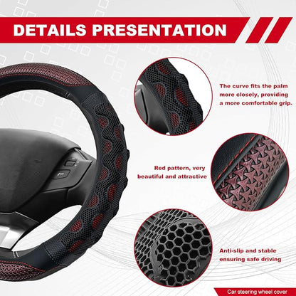 D Shaped 14.5-15 Inch Steering Wheel Cover, 3D Honeycomb Anti-Slip Design with Great Grip, Flat Bottom Comfy Car Steering Wheel Protector (Red)