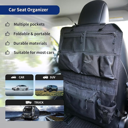 Backseat Car Organizer,Tactical Car Seat Back Organizer, Kick Mats Back Seat Protector with Three Zippered Storage pockets, Travel Accessories with 8 Storage Pockets And DIY zone (Black)