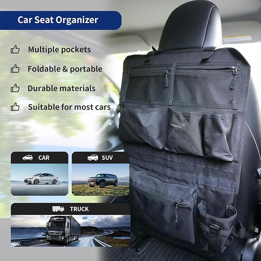 Backseat Car Organizer,Tactical Car Seat Back Organizer, Kick Mats Back Seat Protector with Three Zippered Storage pockets, Travel Accessories with 8 Storage Pockets And DIY zone (Black)