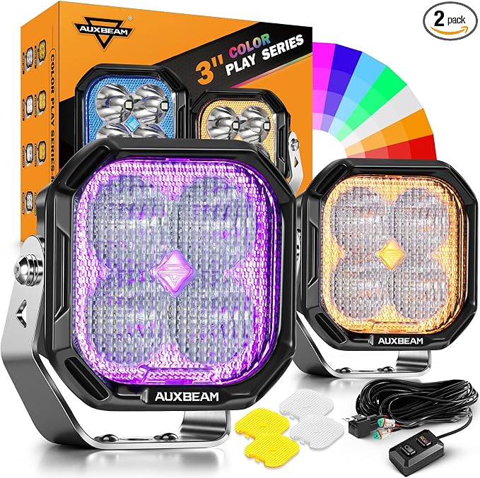 Auxbeam Color Play Series RGB 3-Inch LED Off-Road Lights Cube Pods | RGBW 7-color backlight with gradient cycle, Color changing ambient offroad lighting, 116W 12960LM flood beam ditch lights